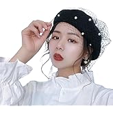 PENINSULA LOVE Women French Beret with Pearl Mesh Beaded Beret Fascinator Hat Solid Color Artist Newsboy Cap