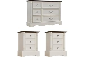 LegacyAmerhome 6 Drawer Dresser and Nightstand Sets for Bedroom, 3 Pcs Bedroom Set, Farmhouse Dresser with Charging Station, Modern Wood Chest of Drawers & Night Stand Set of 2, Antique White