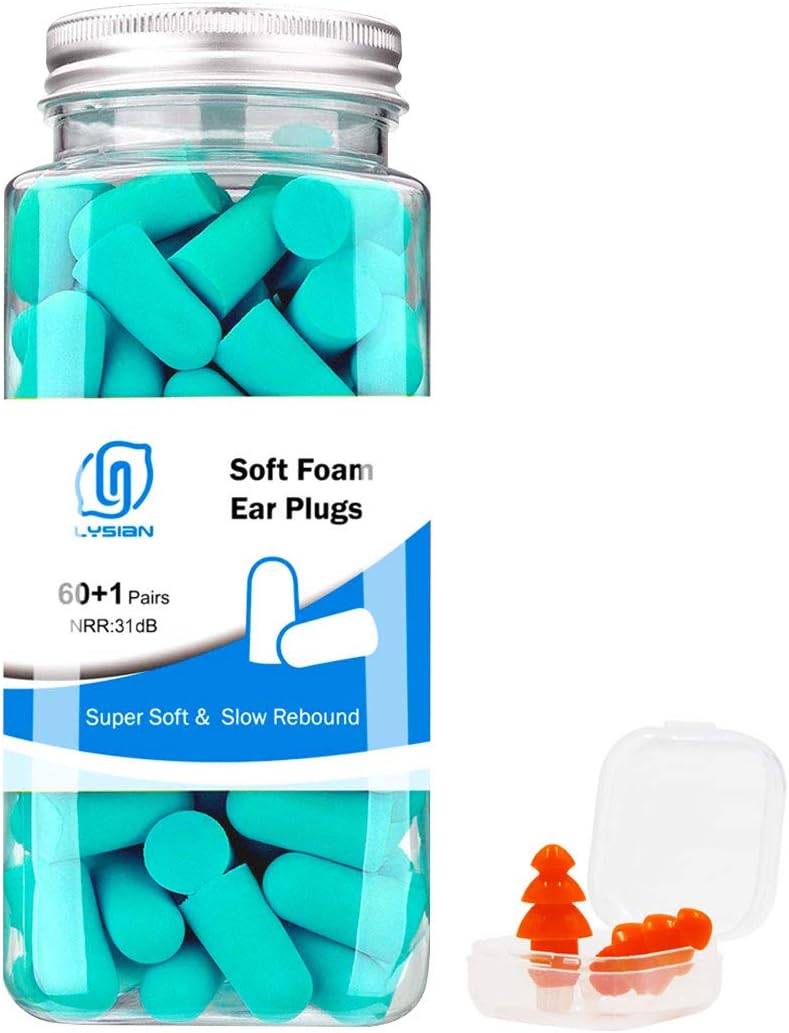 LYSIAN Ultra Soft Green Foam Earplugs 60 Pairs with Reusable Sliicone Earplug, 38dB SNR Ear Plugs, Sleeping, Snoring, Work, Travel and All Loud Events: Health & Personal Care