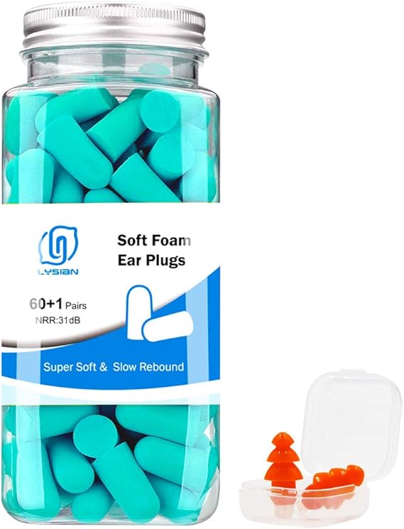 LYSIAN Ultra Soft Foam Earplugs 60 Pairs with Reusable Silicone Earplug, 31dB NRR