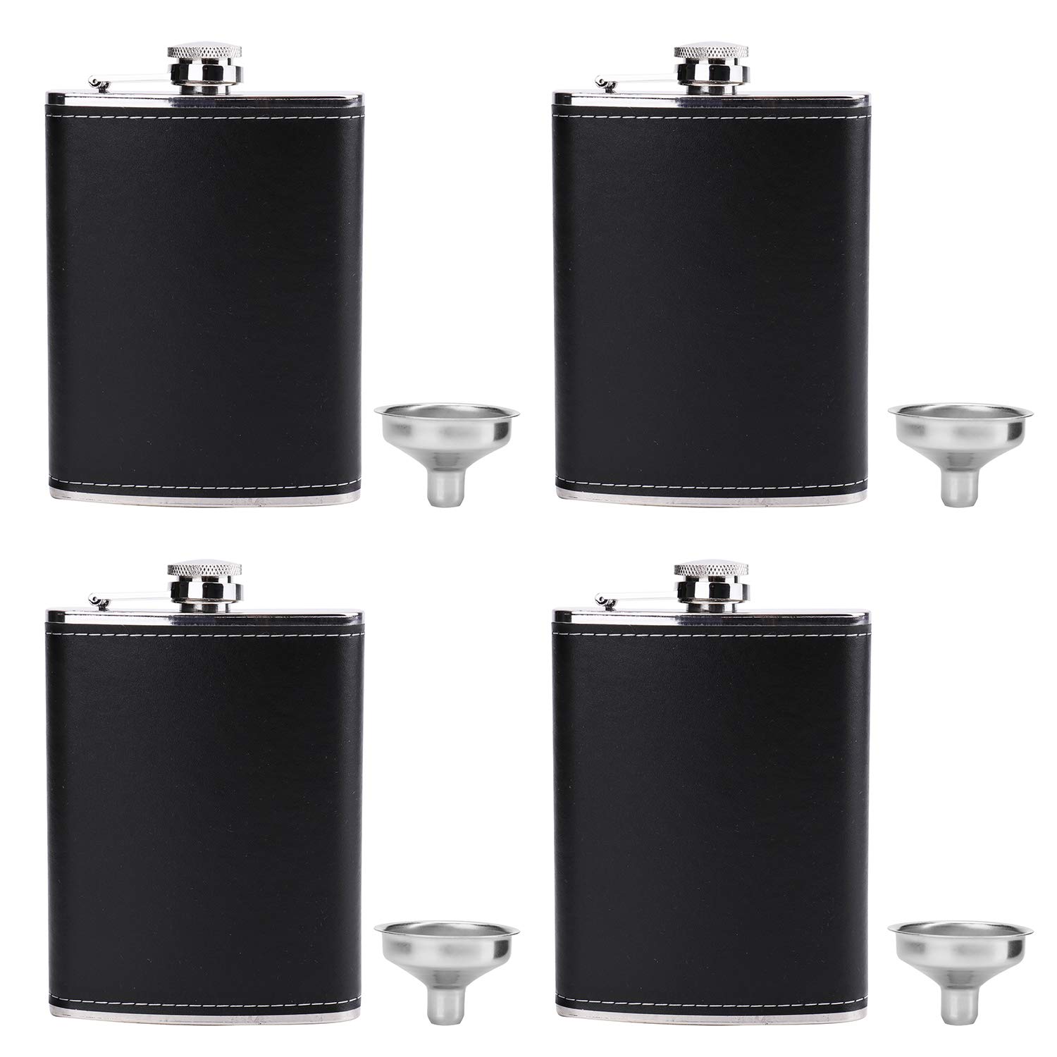 Suwimut 4 Pack Hip Flask for Liquor for Men, 8 oz Stainless Steel Leakproof Pocket Hip Flask with Black Leather Cover and Funnel for Drinking of Alcohol, Whiskey, Rum and Vodka, Gift for Men