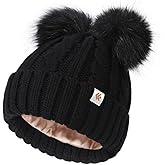 Creekstone Kids Beanie Satin Lined Winter Beanie Hat for Baby Boy Girl Warm Todders Beanie with Double Pom Pom Ears 1-7 Years