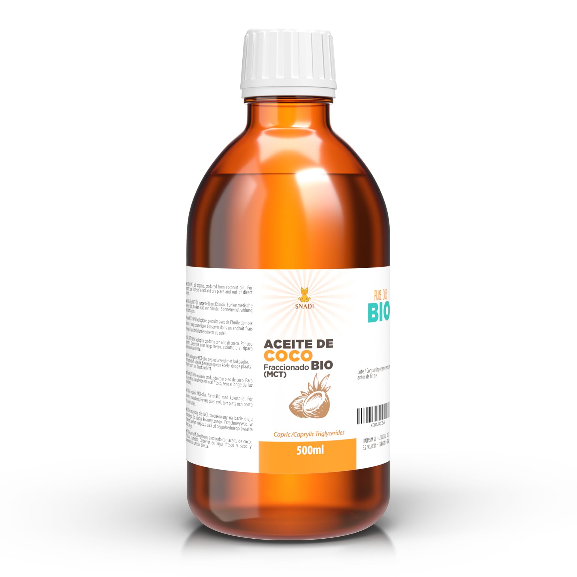 Snadi - Fractionated Coconut Oil (MCT) Bio 500 ml | 100% Pure and Natural | Deep Moisturizer for Skin and Hair | Ideal for Cosmetics and Aromatherapy