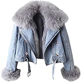 Ru Sweet Womens Winter Removable Faux Fur Lined Denim Jacket Short Cropped Jean Jacket Overcoat