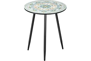 The Home Cult Round Side End Table, 16" Unique Relief Ceramic Tile Table Top with Metal Structure, Small Accent Table, Coffee Tea Table Nightstand for Living Room, Bedroom