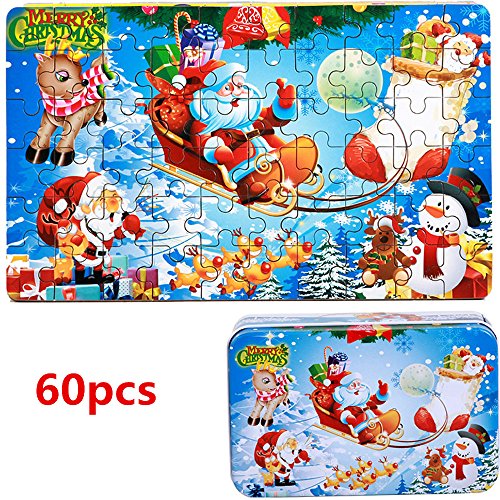 Elloapic 60 piece Jigsaw Puzzle Wooden Hard Paper Cartoon DIY Puzzle Toys Brain Teaser Educational Brain Train Toy Creative Handmade Play Set For Children Christmas Santa Claus and Deer