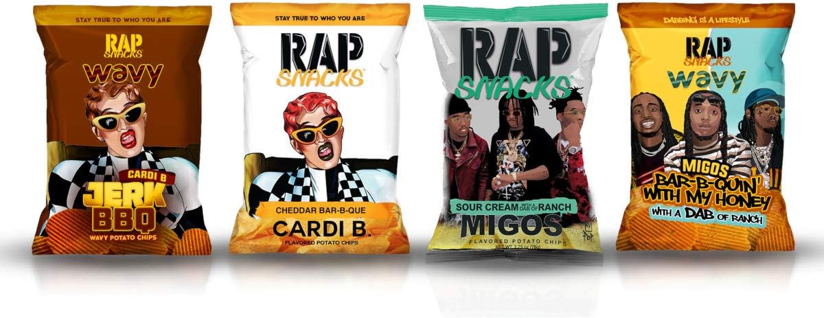 Rap Snacks Variety Pack (Cardi B Jerk BBQ, Cardi B Cheddar Bar-B-Que, Migos Sour Cream Dab of Ranch, Migos Bar-B-Quin' with my Honey with a Dab of Ranch) 2.75 oz Potato Chip Bags