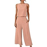 Meyhad Womens Cotton Linen 2 Piece Outfits Crop Tank Tops Wide Leg Pants Set Casual Lounge Sets