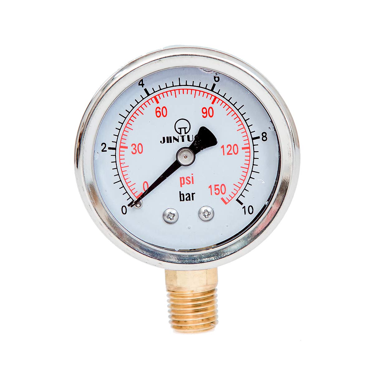 Pressure Gauge (Manometer), 2" (50 mm) Dia, 0-150 PSI/bar Range, Filled with Glycerine, 2.5% Accuracy, 1/4" NPT Male Brass Connection, Lower Mount, Polycarbonate Lens, Stainless Steel case and Bezel