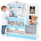 HONEY JOY Kids Wooden Doctor Play Set, 2 In 1 Checkup Medical Office Center &amp; Vet Clinic Station, Exam Area &amp; Interactive Accessories, X-Ray, Toddler Pretend Hospital Playset Kit for Boys Girls (Blue)