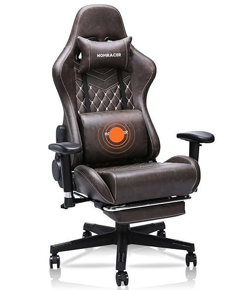 HOMRACER Ergonomic Office Chair, Gaming Chair, Genuine Leather Executive Desk Chair with Massager, Computer Chair,Height Adjustable, Executive 200kg Swivel for Home/Office(Classic Brown)