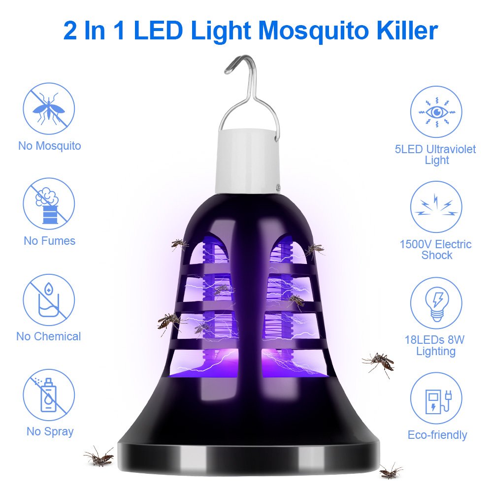 Mosquito Insect Killer Lamp- Portable Bug Zapper 2 in 1 18 LED 8W USB Light Bulb LED Camping Lantern Tent Light for Indoor & Outdoors, Home Kitchen & Traveling (6.6 FT USB Cable)