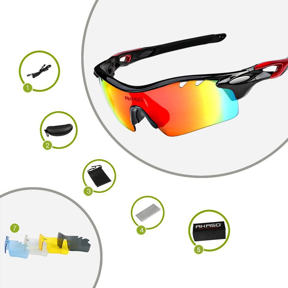 AKASO Polarized Sports Sunglasses, 5 Interchangeable Lenses, TR-90 Frame, UV Protective, for Fishing, Running, Cycling, Driving, Unisex for both Men and Women