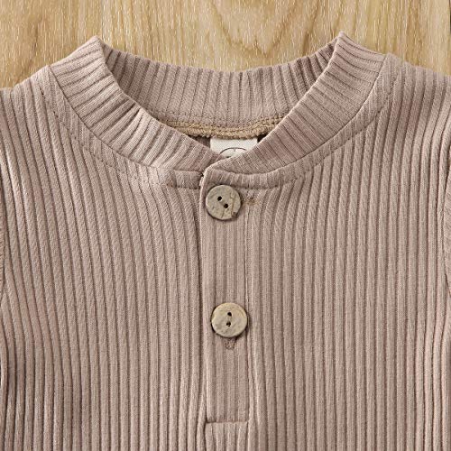 Newborn Baby Boy Girls Clothes Basic Plain Rib Stitch Short-Sleeve Top with Shorts 2 Pieces Outfits Set for Unisex (Brown Onesie Shorts Set, 18-24 Months) - Thumbnail 4