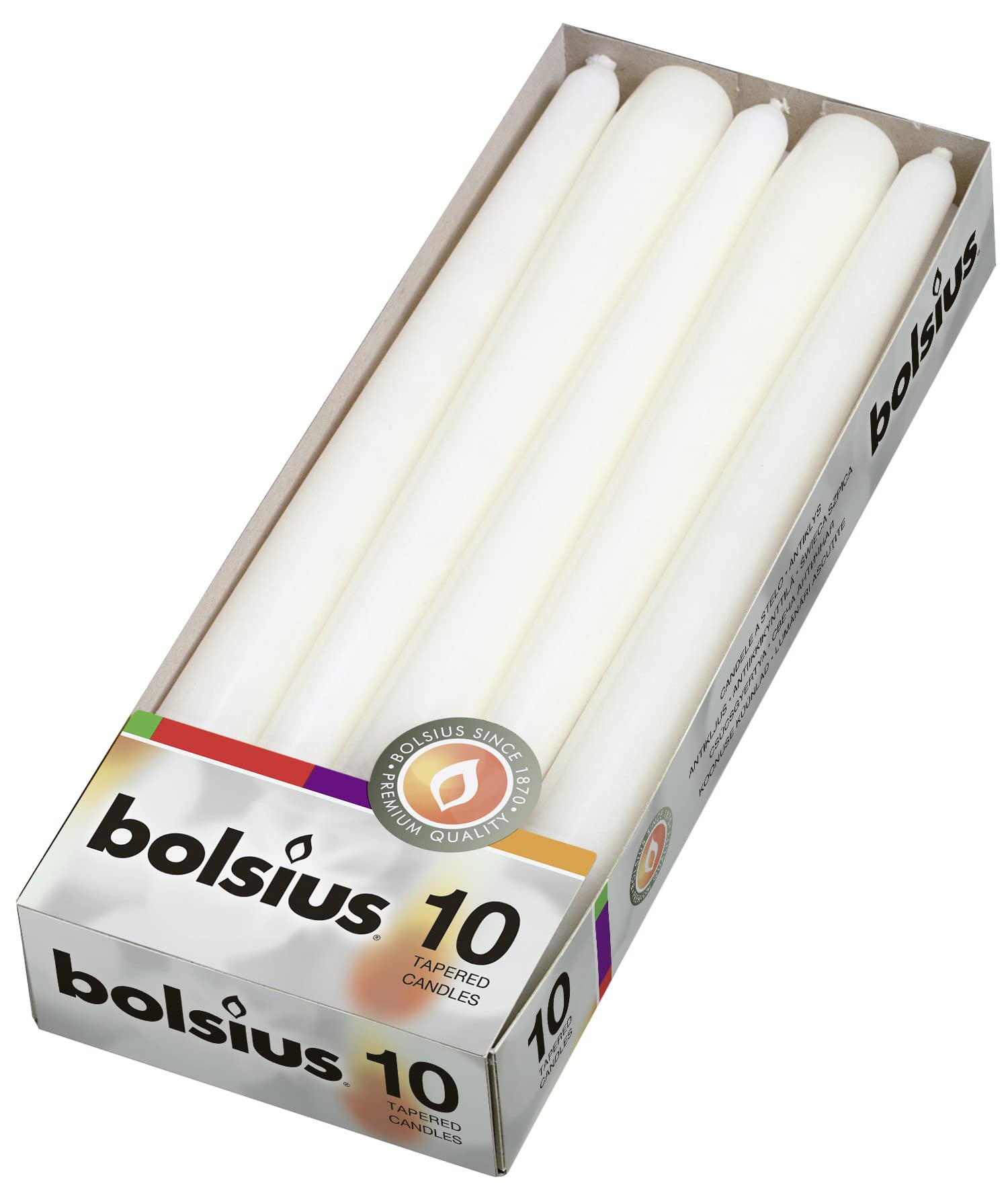Bolsius Tapered Dinner Candles - White - Pack of 10 - 3.9x9.8x25.2 cm - Unscented - 7,5 Burning Hours