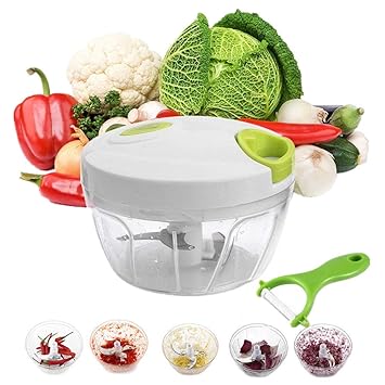 Zwiebelschneider Manuelle Zerkleinerer, Uten Gemüseschneider mit 3 Klingen Gemüsehobel mit Sparschäler 500ML Mini Küchen Mult