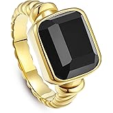 Phyonio Women's 14K Gold Plated Statement Rings Emerald Cut Teal Turquoise/Rose Quartz Crystal/Spiny Oyster Turquoise Signet Ring Stainless Steel Chunky Gold Rings Size 5-10