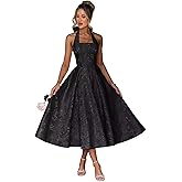 DLWPSC Floral Prom Dresses for Women Satin Halter Square Neck Tea Length Midi Formal Evening Gowns with Bow Pockets