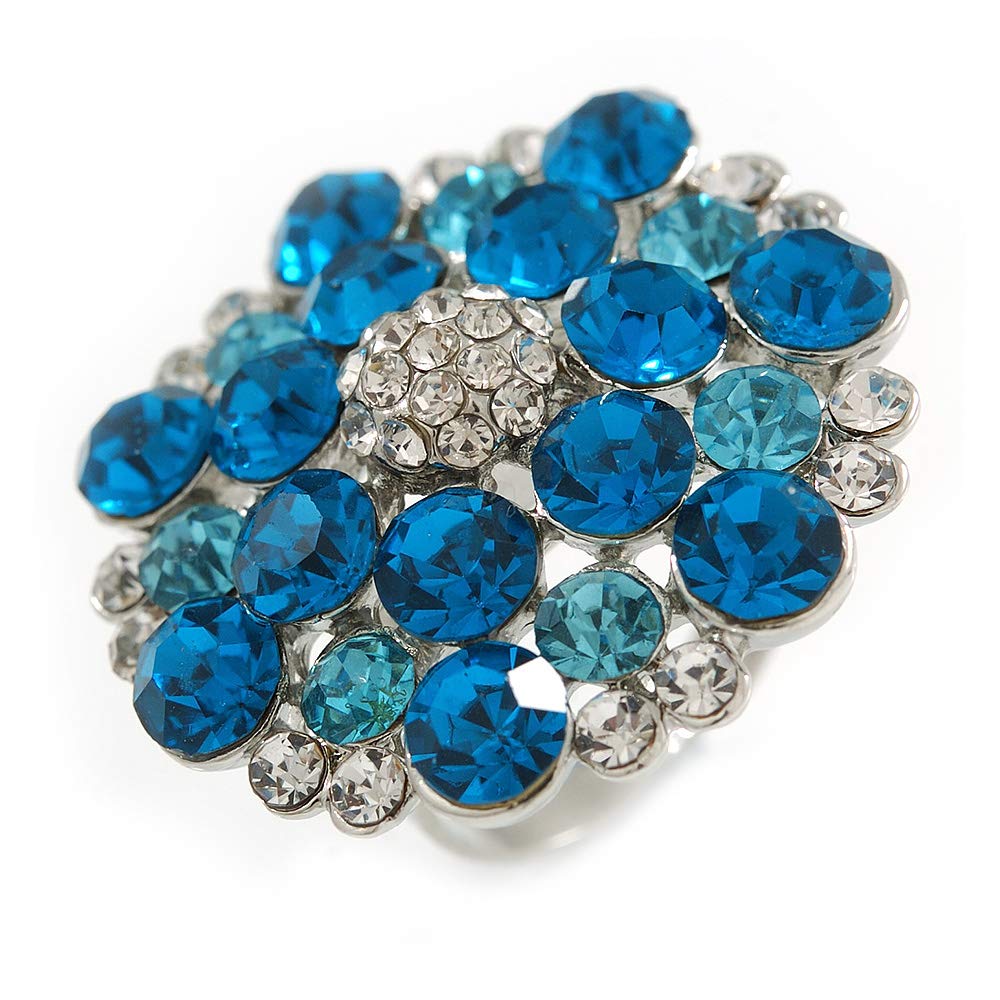 Avalaya 30mm D/Sky/Teal Blue Crystal Cocktail Ring/Rhodium Plated/Adjustable/Size 7/8