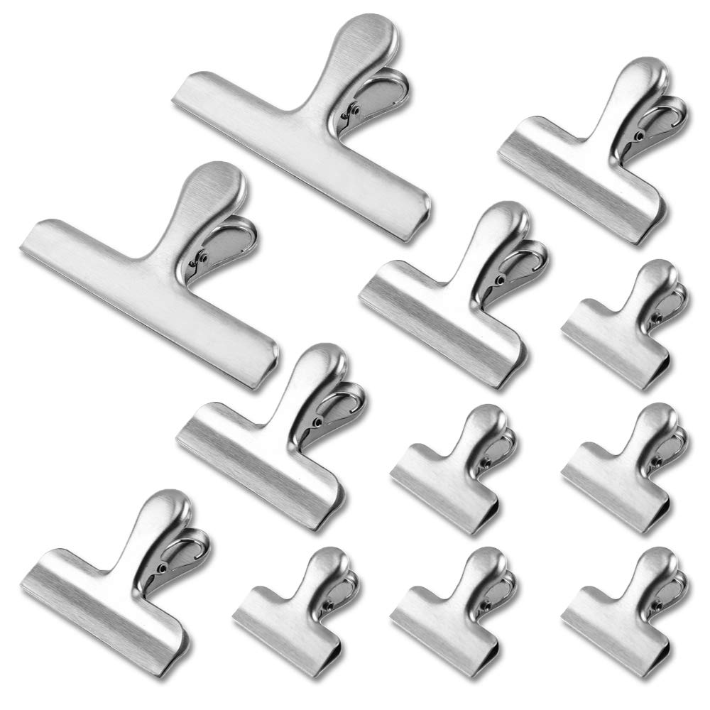 LELE LIFE 12Pcs Bag Clips for Stainless Steel Food Storage, 12cm 7.6cm 4cm Wide Food Sealing Clips with Air Tight Seal Grip, No Sharp Edges