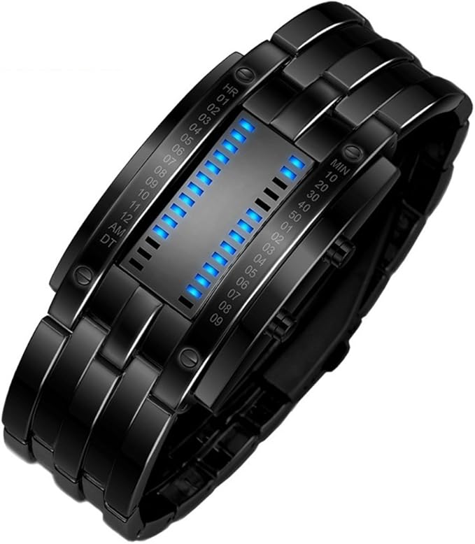 TONSHEN Mens Binary Cool Digital Watches Black Stainless Steel Unique