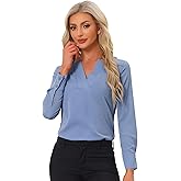 Allegra K Casual Office Blouse for Women's Career Notched V Neck Solid Long Sleeve Top