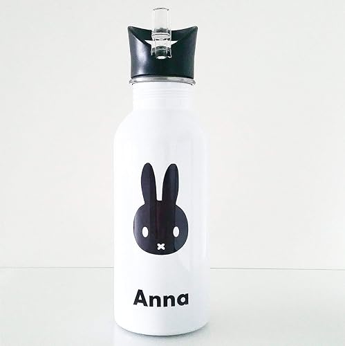 Moderne Trinkflasche weiß aus Edelstahl mit Motivaufdruck und Namen personalisiert für Kinder.