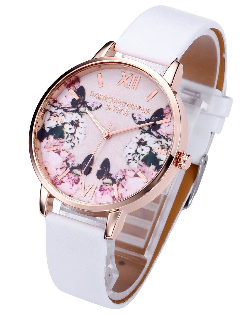 JSDDE Uhren,Modische Schmetterling Blumen Armbanduhr Basel-Stil Damen Uhr PU Lederband Rosegold Analog Quarzuhr,Weiss