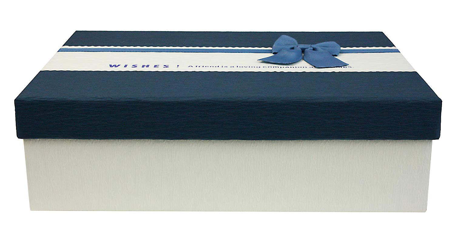 Emartbuy Cream/Textured Blue Rigid Gift Box with Ribbon – 29 x 21 x 9 cm – Luxury Cardboard Presentation Box | Premium Packaging for Hampers, Birthdays, Weddings, Corporate Gifting