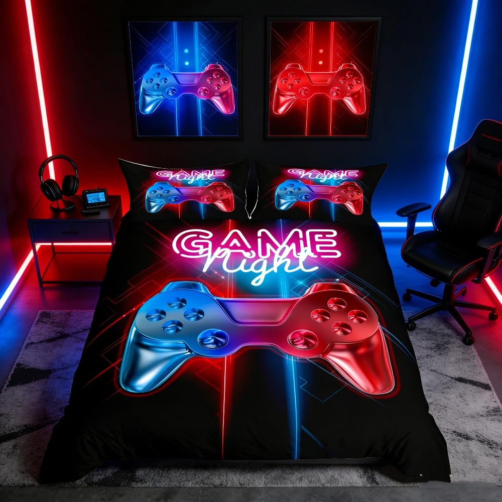Loussiesd Double Gamer Printed Comforter Cover Set Christmas Bedding Multi-color Gamepad Duvet Cover Video Game Controller Bedding Set for Kids Teens Boys Room Decor 3 Pcs with 2 Pillow Case