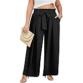 Lastshe Women's Plus Size Pants Wide Leg Work Casual Palazzo Pants Elastic High Waisted Dressy Trousers with Pockets