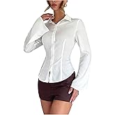 GORGLITTER Women's Fitted Button Up Shirt Cinched Waist Bell Sleeve Blouses Dressy Collar Neck Business Casual Outfits