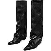 zhsrin Women's Fold Over Knee High Boots Wide Calf Chunky Heel Long Boots Women Pointed Toe Dress Tall Boots for Women Slouchy Shark Boots
