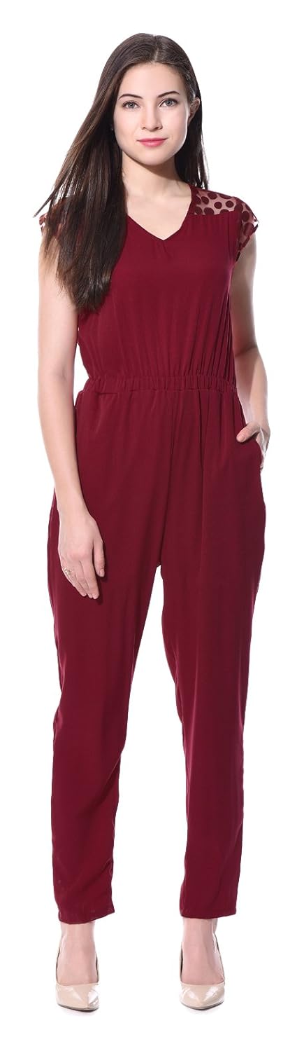uptownie lite women's crepe polka jumpsuit (maroon)