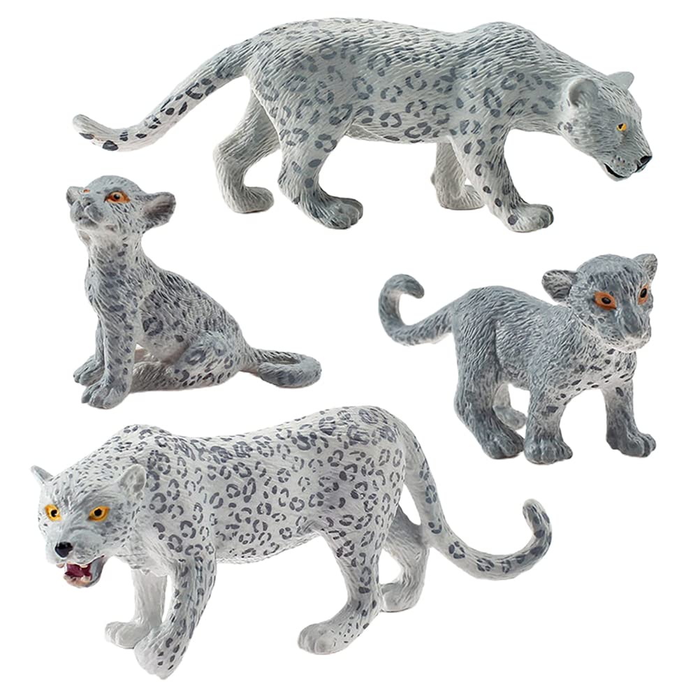 Ghzste Pack of 4 Snow Leopard Figures, Animal Figures, Wildlife Snow Leopard Figures, Mini Plastic Forest, Animal Model, Toy Figure, Gift, Children