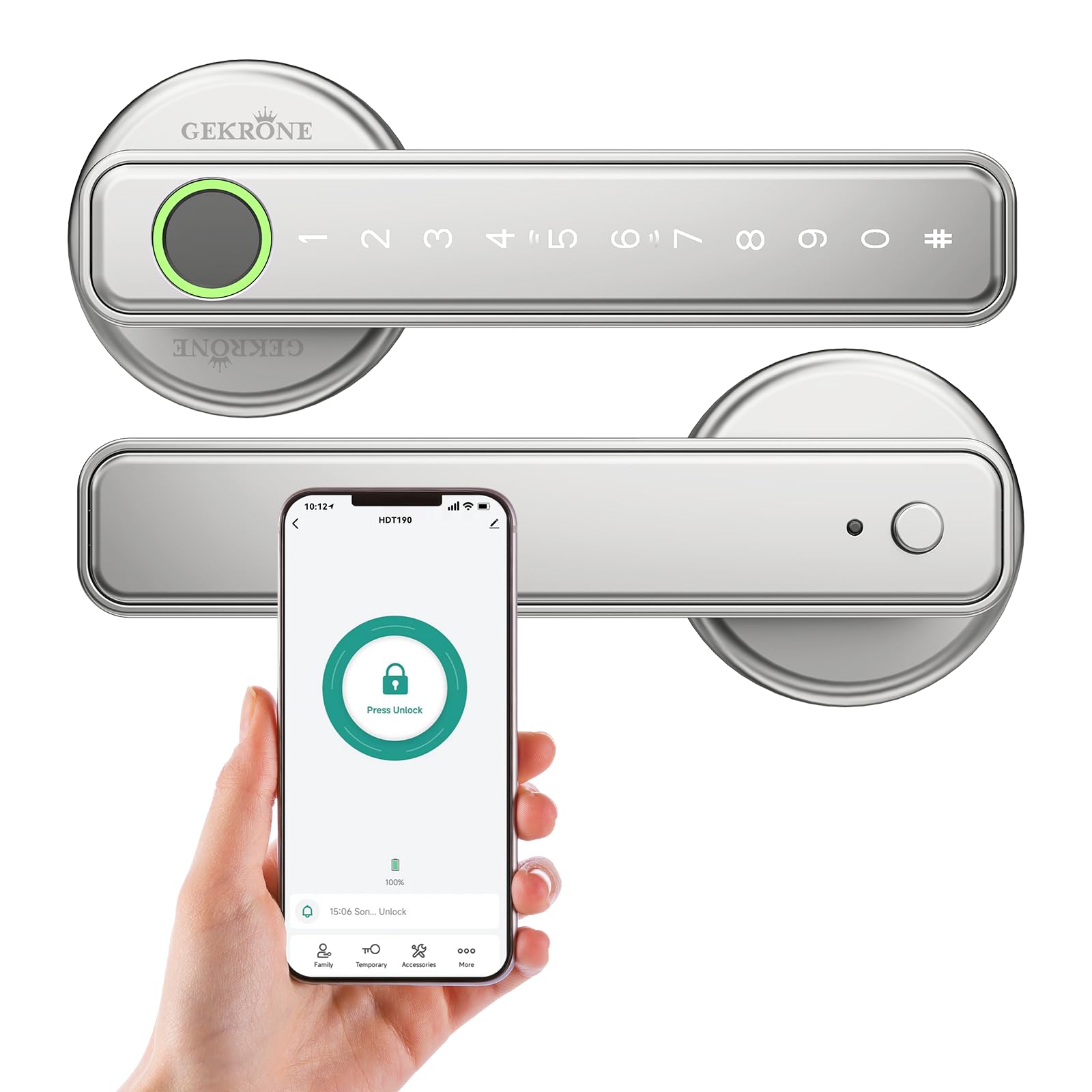 Photo 1 of GEKRONE Fingerprint Smart Lever Lock TUYA APP Control Keyless Entry Bluetooth Touchscreen Indoor Handle Biometric Electronic Digital Door Knob with Keypad Suitable for Hotel Office Apartment Bedroom