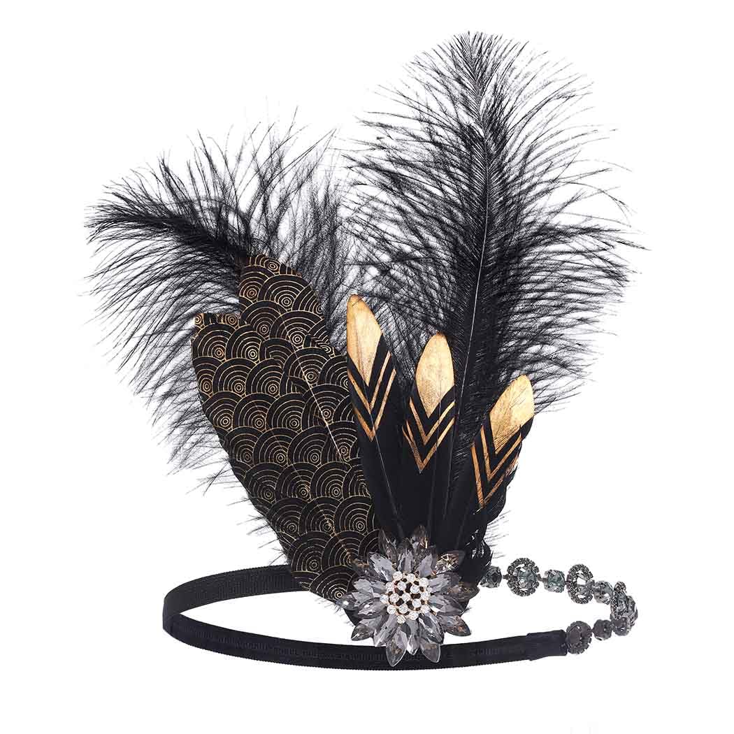 IYOU Feather Gatsby Headband Black Rhinestone Flapper Headpiece Prom Festival 1920s Hair Accessories for Women