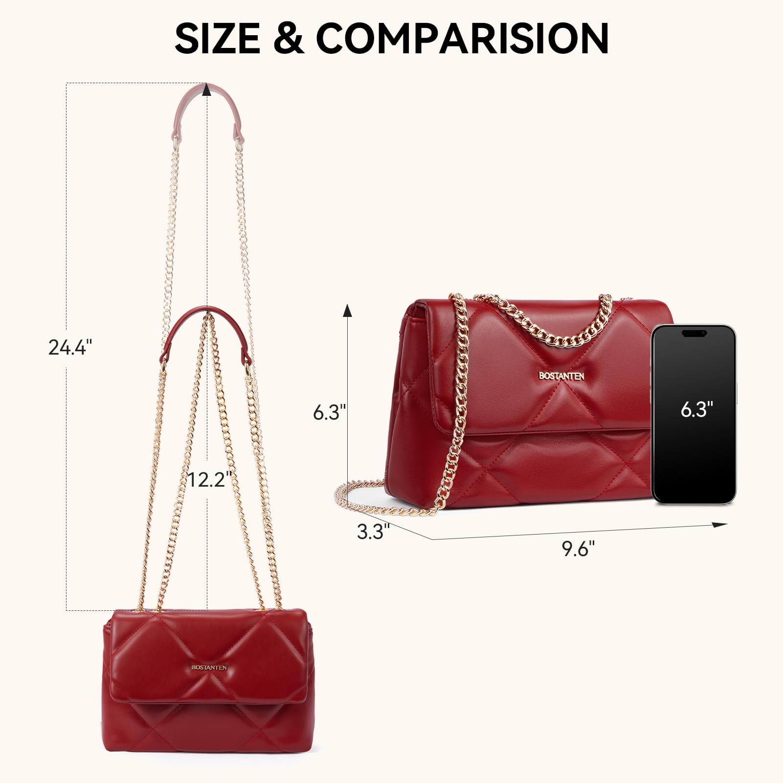 BOSTANTEN Shoulder Bag for Women Small Purse Vegan Leather Quilted Crossbody Bags With Chain Trendy Ladies Handbags