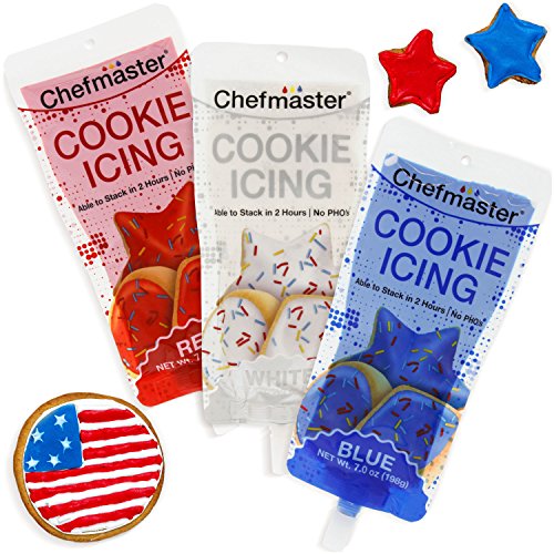 U.S. Cake Supply 3 Color Cookie Icing 4th of July Theme Pack - 7 Ounce Ready To Use Decorating Pouches - Blue, Red, White