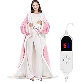 HOW'S MY HOUSE Wearable Heated Blanket with Sleeves and Foot Pocket, 52"x72" Electric Blanket for 6 Heat Settings, 12-Hour Timer, Flannel & Sherpa Pink