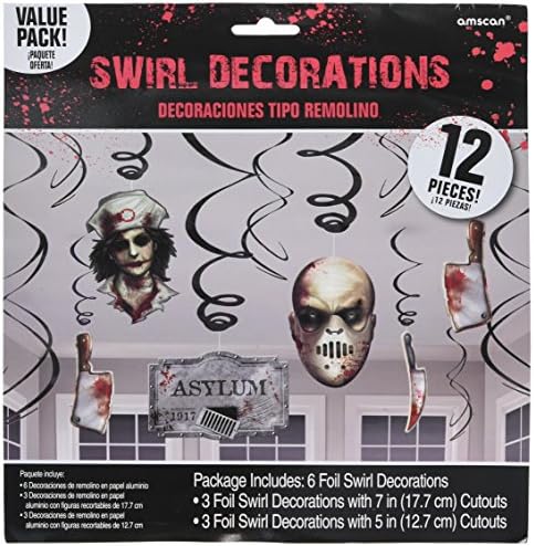 amscan Haunted Asylum Halloween Foil Swirl Hanging Decorations Decoration, Plastic, Pack of 12