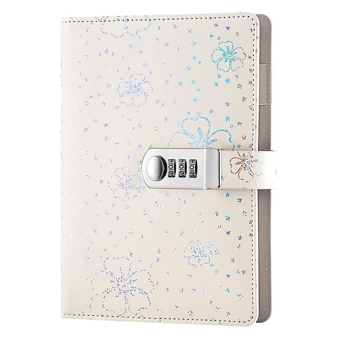 NectaRoy PU Leather Password Notebook Writing Journal Diary with Combination Lock, Flower and Star Pattern, Wire Binding Lined Notepad Personal Sketchbook with Pen Holder, 210x145mm
