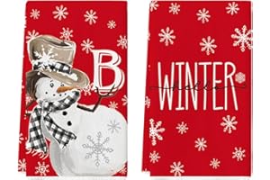Artoid Mode Red Monogram Letter B Snowman Snowflake Hello Winter Kitchen Towels Dish Towels, 18x26 Inch Christmas Decoration Hand Towels Set of 2