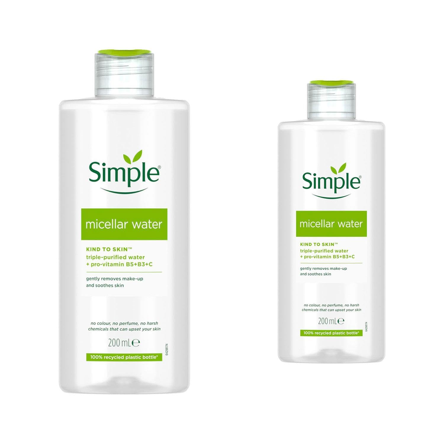 Simple Micellar Cleansing Water Makeup Remover 2 Pack - Gentle Face Cleanser for Sensitive Skin with Vitamin B3 & C Hydrating Formula, No Perfume, No Colour, Vegan and Cruelty-Free, 200ml Each