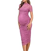 Dedysler Maternity Mesh Bodycon Dress for Baby Shower Sexy Mock Neck Long Casual Pregnancy Clothes with Back Zipper