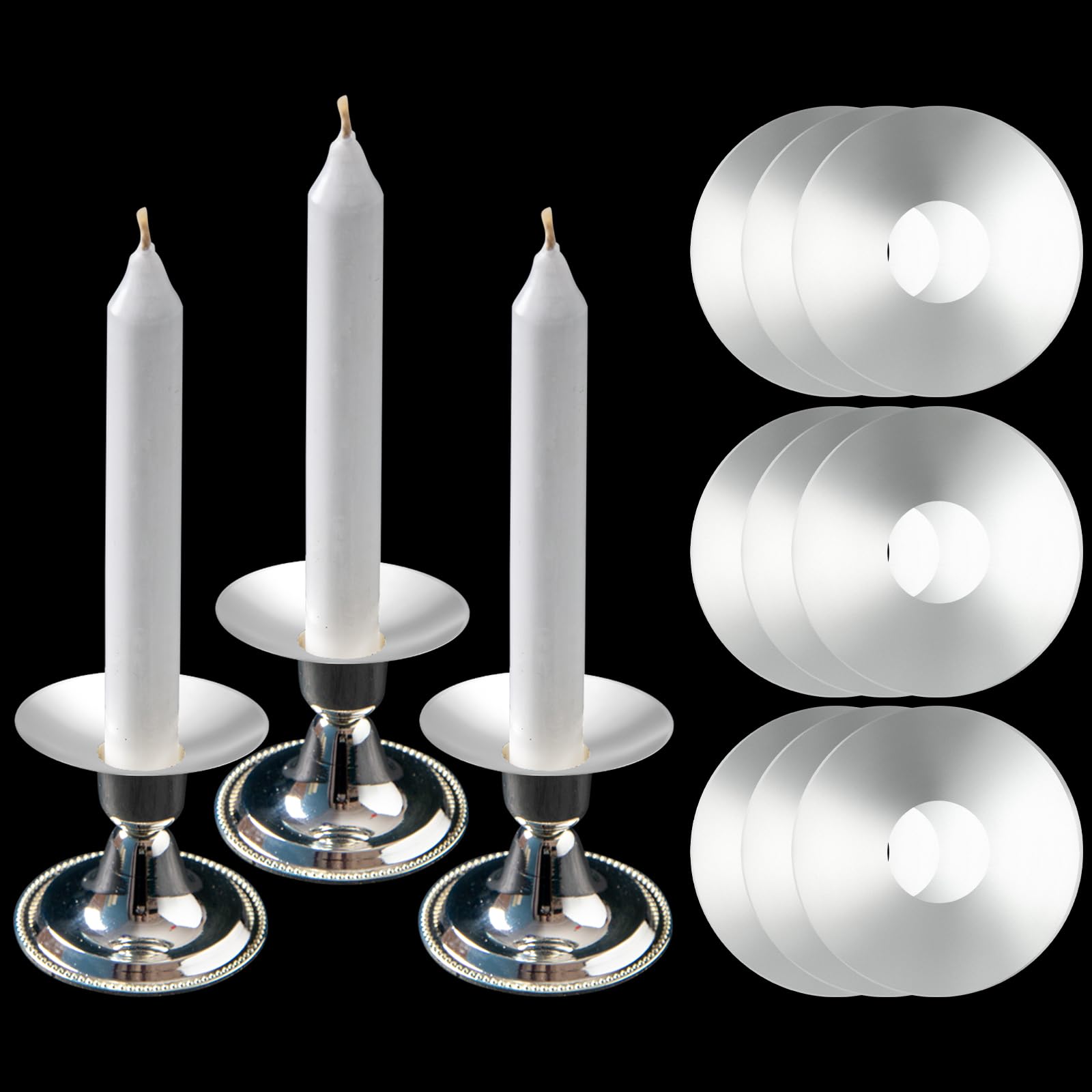 Photo 1 of 24 Pieces Metal Silver Candle Bobeches Taper Candle Drip Protectors Round Candle Wax Drip Catcher Reusable Candle Drip Guards Candlestick Ring Holder for Wedding Holiday Party Church Home