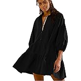 HangNiFang Women's Summer Babydoll Mini Dress Flowy Puff Sleeve Tiered Button Down Oversized Tunic Dress with Pockets