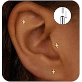 Flat Back Stud Cartilage Tragus Helix Nose Piercing Earrings Jewelry For Women Conch Threadless 18G Titanium Surgical Steel Hypoallergenic 14K Gold plated CZ Silver Small Tiny Studs