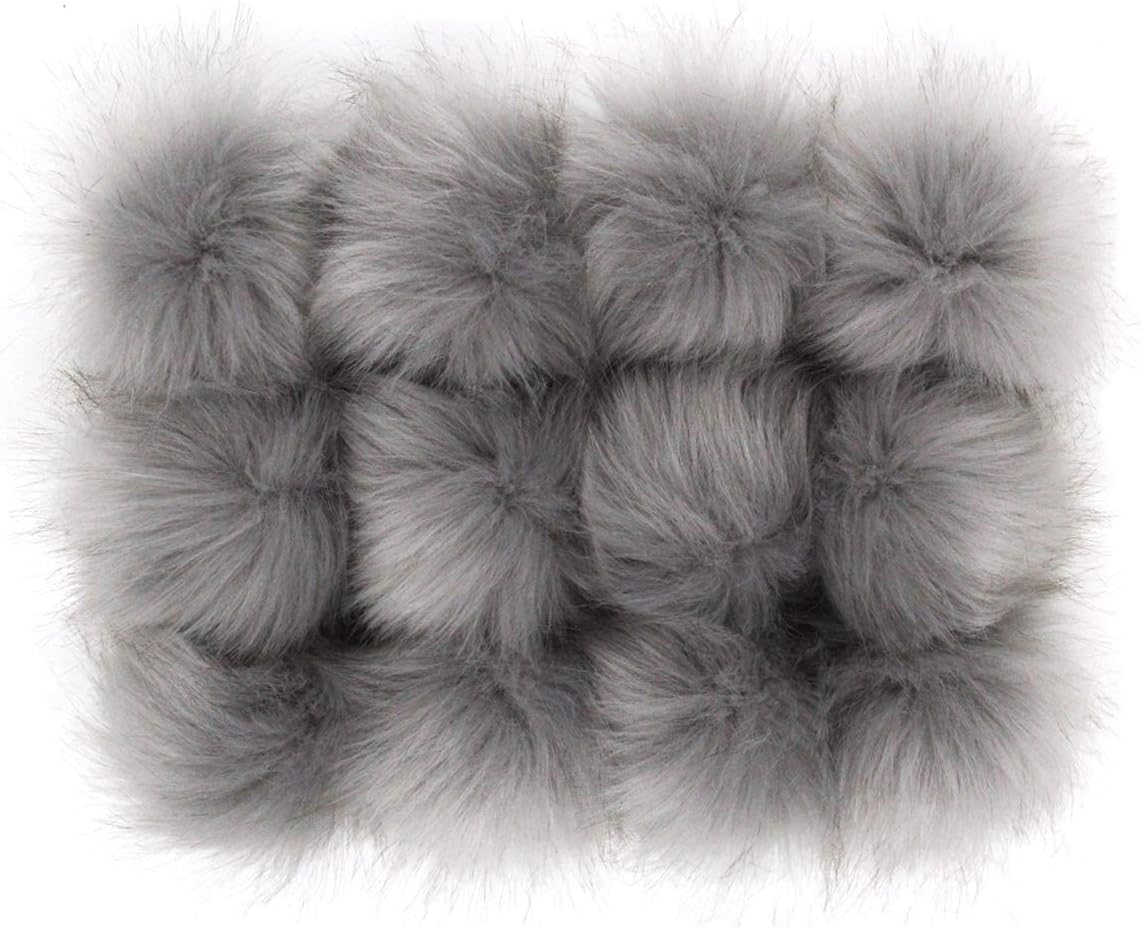 DIY 12pcs Faux Fox Fur Fluffy Pom Pom Ball Fur Pompom Ball with Elastic Loop for Knitting Crafts Hats Shoes Scarves Bag Charms 3.9in(Gray)