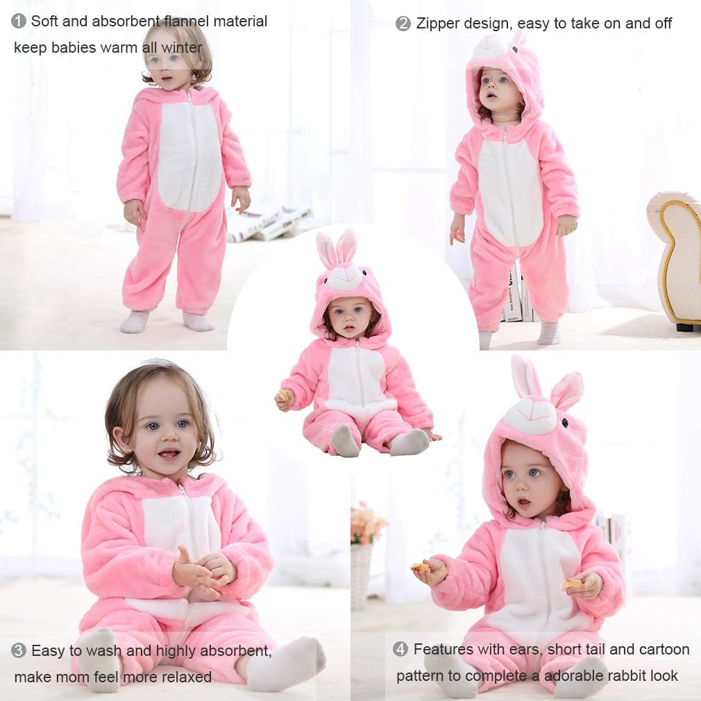 COOKY.D Infant Hooded Baby Rompers Animal Jumpsuit Soft Flannel Winter Cosplay Costume for Baby Girls Boys 6-12 Months, Rabbit - Image 5